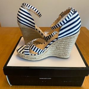 Nine West navy blue and white stripe wedge sandal